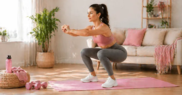 woman doing squats at home beginner lower body exercise proper form